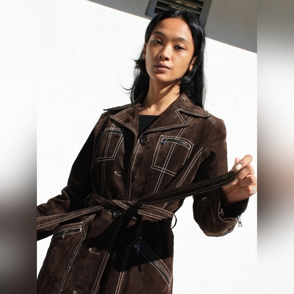 Vintage Y2K Guess Sueded Brown Leather Women's Trench Coat Size Small - Picture 4 of 8